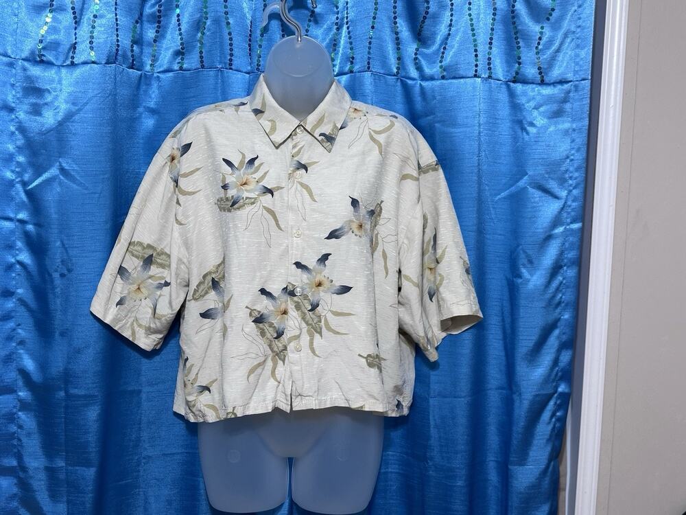 Cut And Sew Hawaiian Floral 100% Silk Button Down Cropped Top Boxy Women SZ L